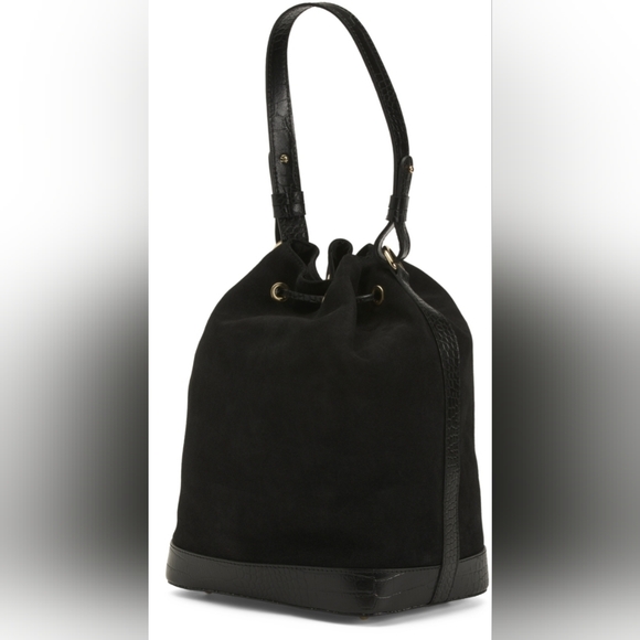 ISADORA Made in Italy Genuine Suede, Croco Trim Bucket Bag, Black NWT - Picture 5 of 14